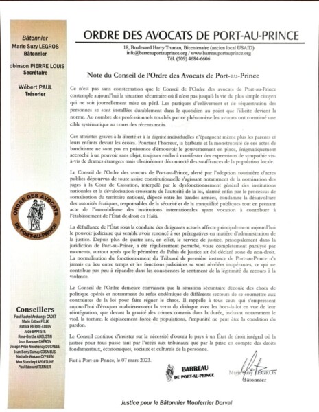 HAITI -CRIMINALITÉ :LE BARREAU DE PORT-AU-PRINCE INDIGNÉ PAR LA SOMALISATION D'HAITI.